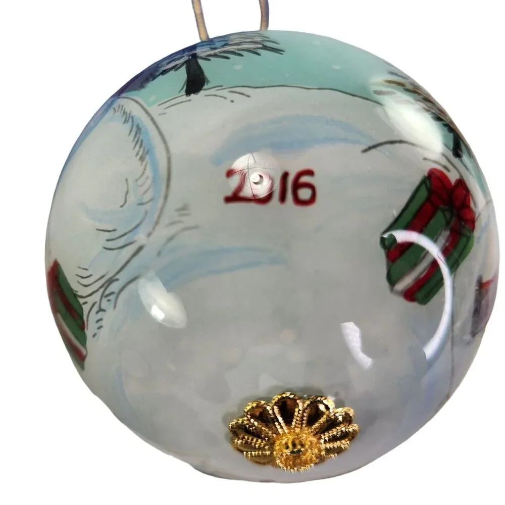 Pier 1 Li Bien Scenes‎ of a Snowman Ornament Round Handpainted Glass Xmas Box